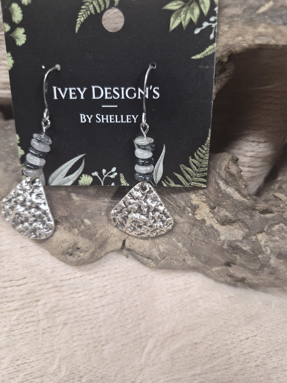 Silver-Tone Hammered Teardrop Earrings with Gray Beads